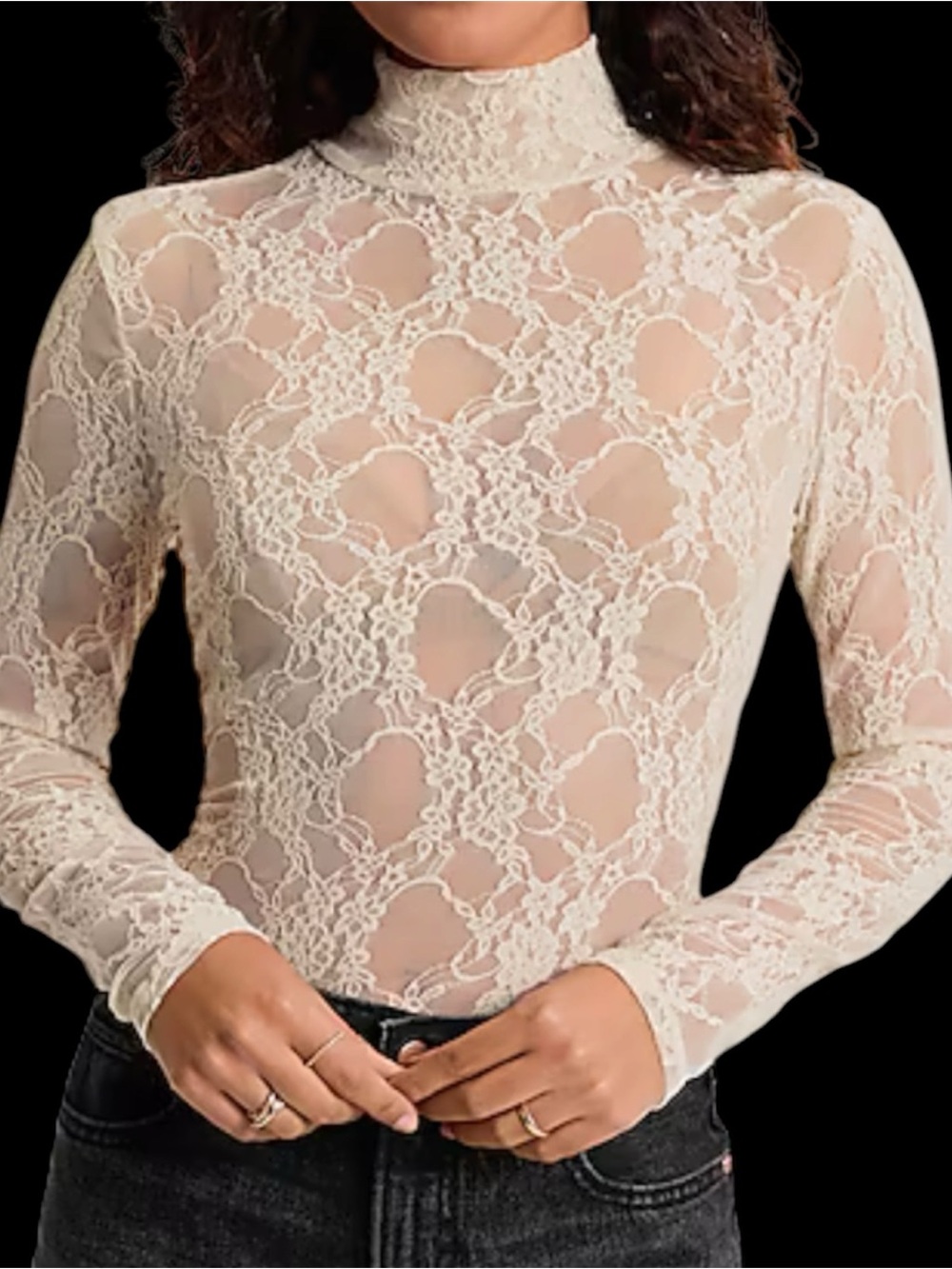 Express Sheer Lace Mock Neck Long Sleeve Top